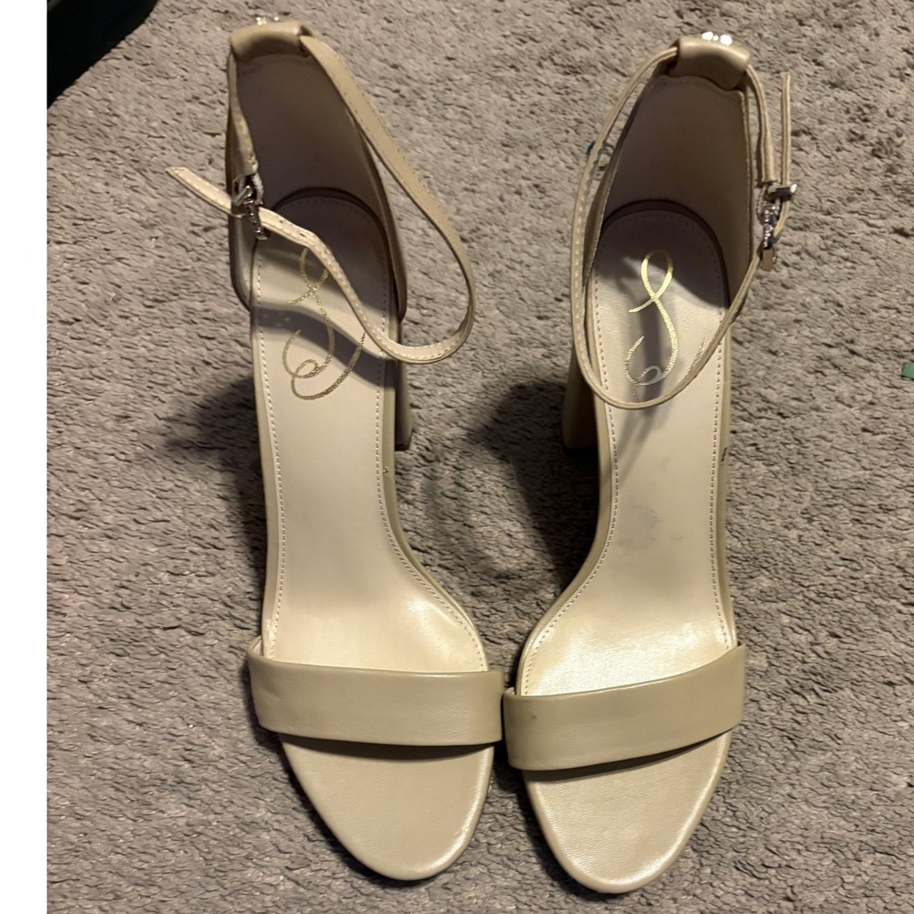 Sam Edelman Yaro Block Heel Sandal Oatmeal Beige Leather Ankle Strap‎ Size 9.5